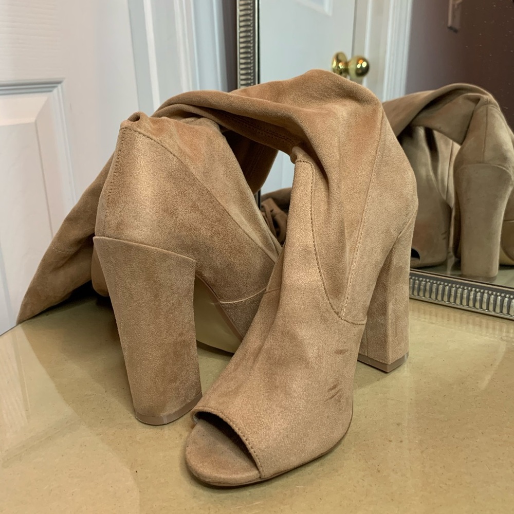 Tan Open-Toe Knee High Boots